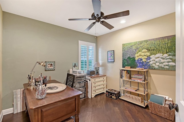 12133 Forest Park Cir, Bradenton, FL 34211 - office area with wood finished floors, ceiling fan, recessed lighting, radiator, and baseboards