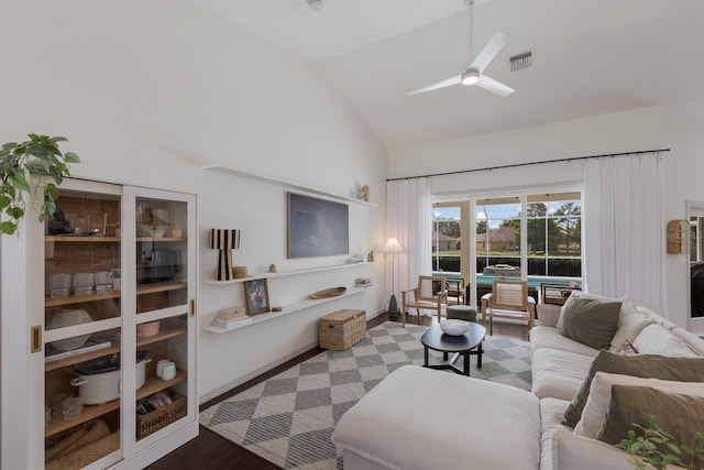 5782 Sandy Pointe Dr, Sarasota, FL 34233 - living area featuring high vaulted ceiling, wood finished floors, and ceiling fan