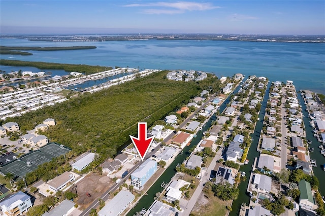 aerial view featuring a water view and a residential view