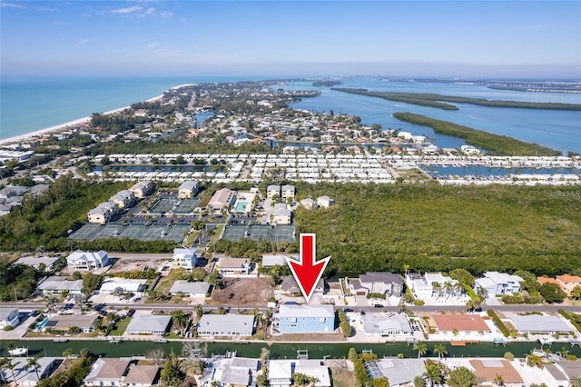 aerial view featuring a residential view and a water view
