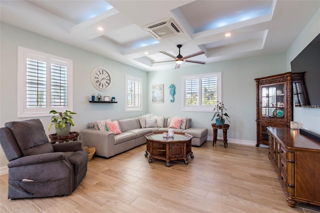 living area with ceiling fan, light wood finished floors, beamed ceiling, visible vents, and coffered ceiling