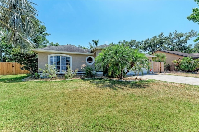 2303 58th St E, Palmetto, FL 34221 - view of front of home featuring fence, driveway, a front yard, and stucco siding