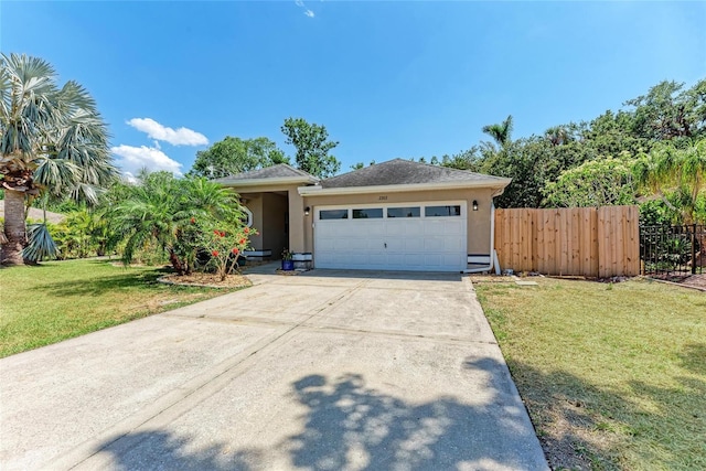 2303 58th St E, Palmetto, FL 34221 - ranch-style house with a front lawn, fence, stucco siding, concrete driveway, and an attached garage