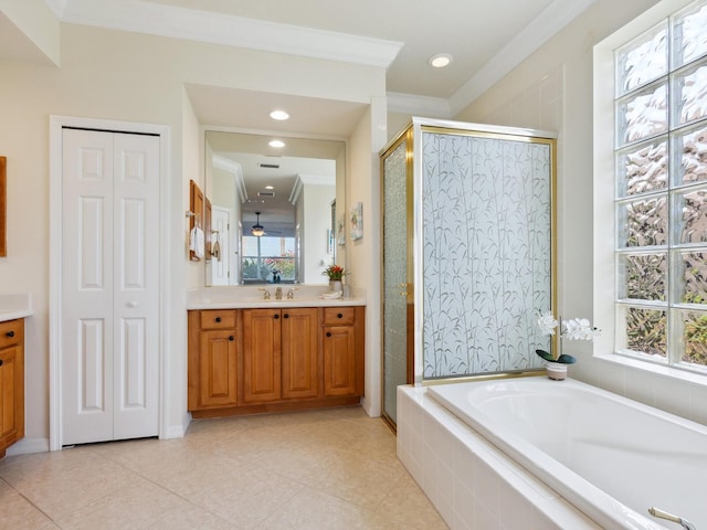 1313 Thornapple Dr, Osprey, FL 34229 - bathroom with crown molding, a shower stall, plenty of natural light, and vanity