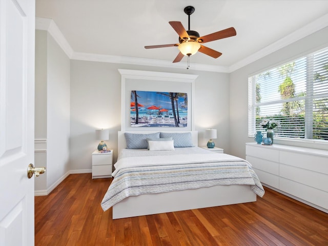 1313 Thornapple Dr, Osprey, FL 34229 - bedroom featuring wood finished floors, ornamental molding, baseboards, and ceiling fan