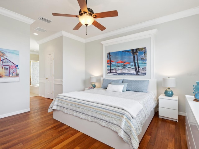 1313 Thornapple Dr, Osprey, FL 34229 - bedroom with dark wood-type flooring, ornamental molding, baseboards, recessed lighting, and ceiling fan