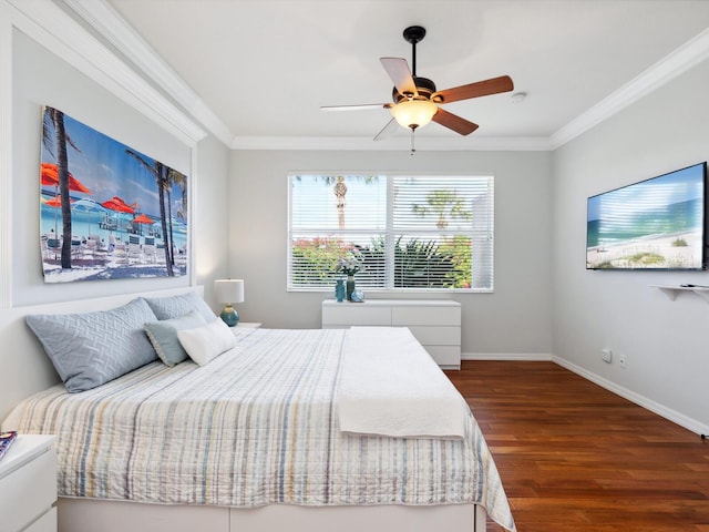 1313 Thornapple Dr, Osprey, FL 34229 - bedroom featuring dark wood-style flooring, crown molding, baseboards, and a ceiling fan