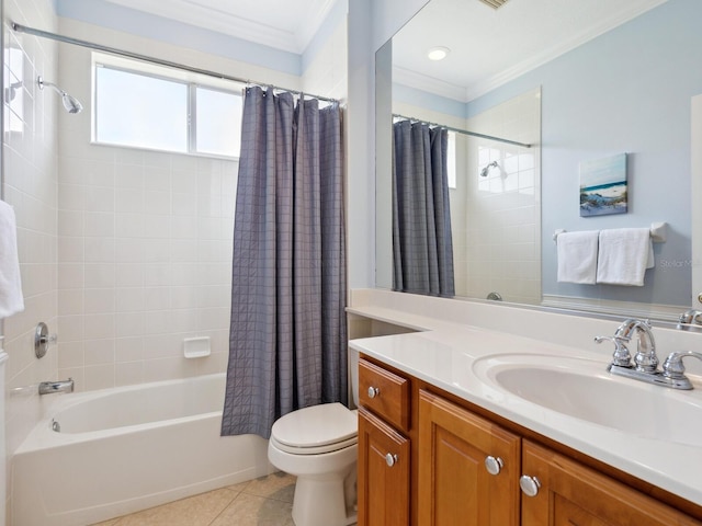 1313 Thornapple Dr, Osprey, FL 34229 - full bathroom featuring ornamental molding, vanity, toilet, shower / bathtub combination with curtain, and tile patterned floors