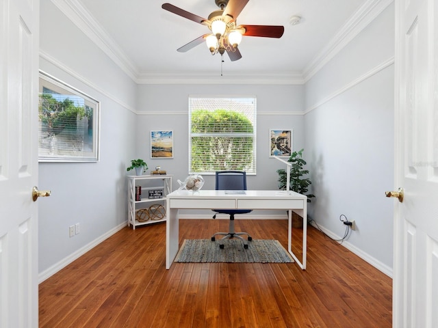 1313 Thornapple Dr, Osprey, FL 34229 - office area with a ceiling fan, wood finished floors, baseboards, and ornamental molding