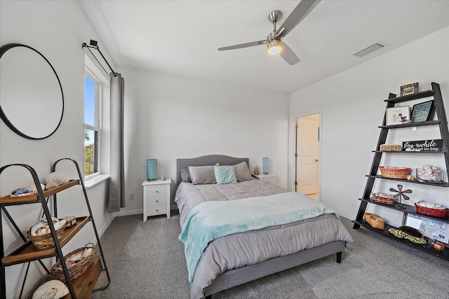 bedroom featuring visible vents, carpet, ceiling fan, and baseboards