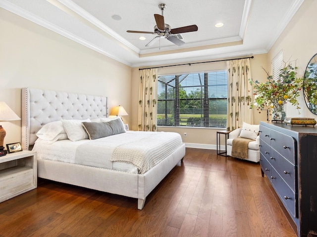 2525 Vaccaro Dr, Sarasota, FL 34231 - bedroom with crown molding, a raised ceiling, recessed lighting, baseboards, and dark wood-type flooring