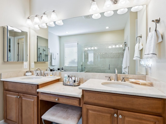 2525 Vaccaro Dr, Sarasota, FL 34231 - full bathroom featuring a sink, two vanities, and a shower stall