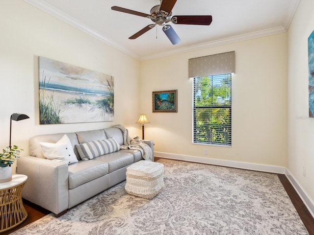 2525 Vaccaro Dr, Sarasota, FL 34231 - living room featuring crown molding, ceiling fan, baseboards, and wood finished floors