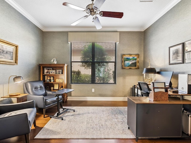 2525 Vaccaro Dr, Sarasota, FL 34231 - office with crown molding, visible vents, wood finished floors, baseboards, and a ceiling fan