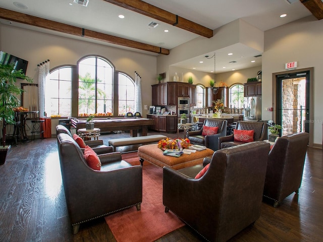 2525 Vaccaro Dr, Sarasota, FL 34231 - living room featuring dark wood-type flooring, recessed lighting, beam ceiling, and visible vents