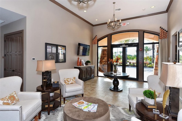 8713 Mangilli Rd, Sarasota, FL 34238 - sitting room with a chandelier, ornamental molding, recessed lighting, and stone finish flooring