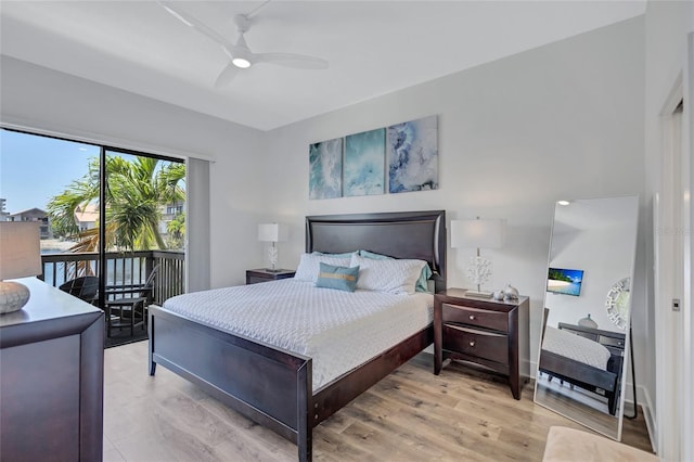 bedroom featuring light wood finished floors, access to outside, and a ceiling fan
