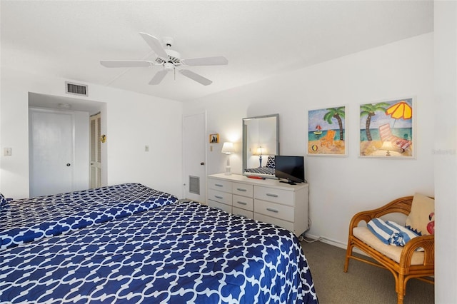 carpeted bedroom featuring visible vents and ceiling fan
