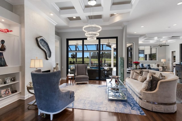 living area with coffered ceiling, wood-type flooring, and crown molding