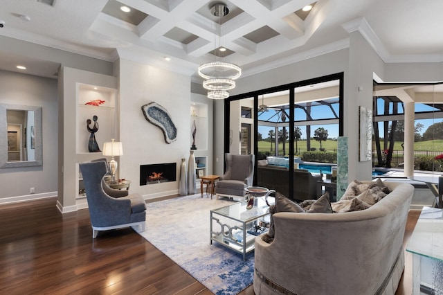living area with plenty of natural light, dark wood-style flooring, beam ceiling, and a high ceiling