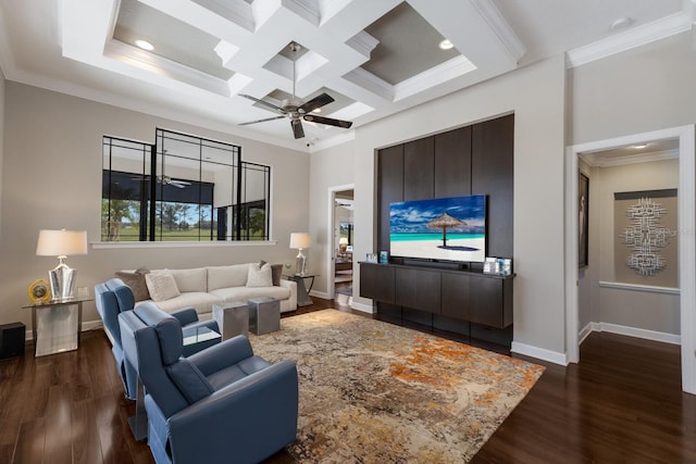 living room with crown molding, dark wood finished floors, and coffered ceiling