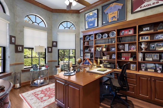 office area with crown molding, baseboards, a ceiling fan, and dark wood finished floors