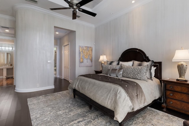 bedroom featuring ornamental molding, wood-type flooring, a ceiling fan, and visible vents