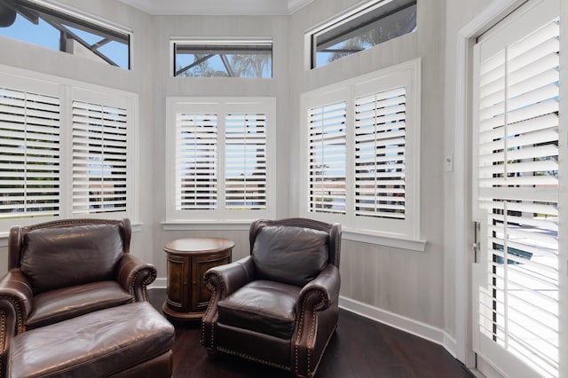 living area with crown molding, a wealth of natural light, dark wood-type flooring, and baseboards