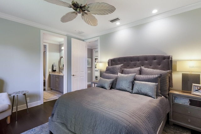 bedroom with visible vents, dark wood-style flooring, baseboards, ornamental molding, and recessed lighting