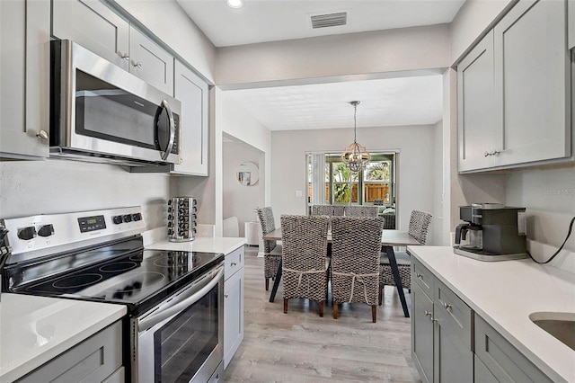 1112 65th St NW, Bradenton, FL 34209 - kitchen with gray cabinets, visible vents, appliances with stainless steel finishes, light countertops, and light wood finished floors
