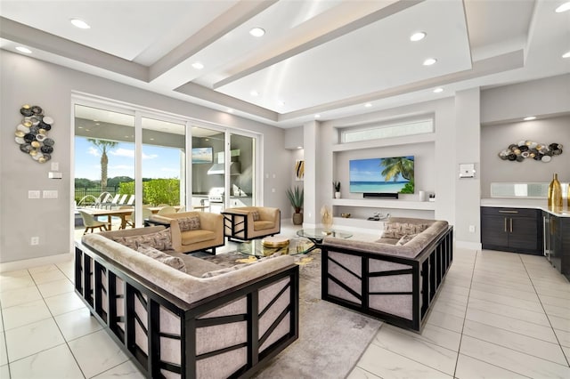 1514 Corolla Ct, Reunion, FL 34747 - living room with a tray ceiling, baseboards, recessed lighting, and bar
