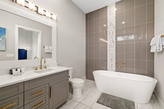 1514 Corolla Ct, Reunion, FL 34747 - full bathroom with marble finish flooring, tile walls, a soaking tub, vanity, and toilet