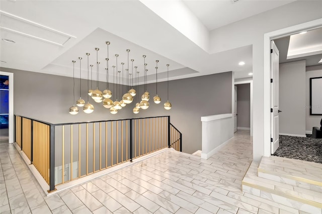 1514 Corolla Ct, Reunion, FL 34747 - hallway featuring an upstairs landing, a tray ceiling, recessed lighting, and baseboards