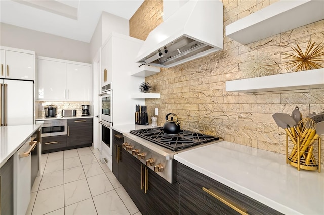 1514 Corolla Ct, Reunion, FL 34747 - kitchen featuring exhaust hood, white appliances, backsplash, light countertops, and white cabinetry