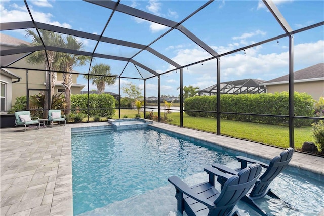 5978 Anise Dr, Sarasota, FL 34238 - view of swimming pool with a yard, a patio, a pool with connected hot tub, and a lanai