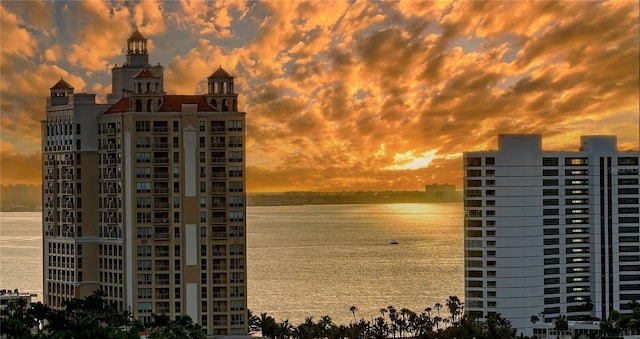 property at dusk with a water view and a city view