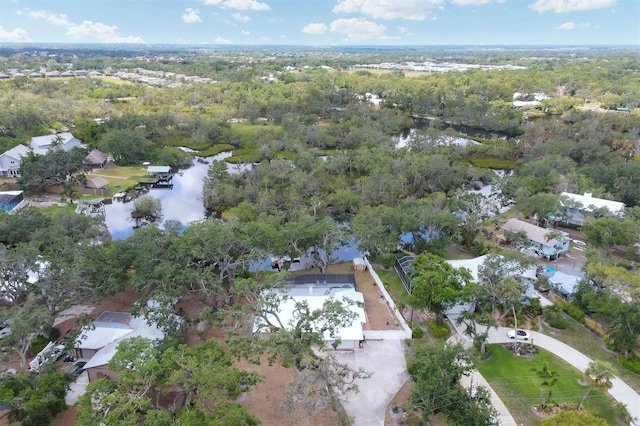 bird's eye view of a nearby body of water and a forest