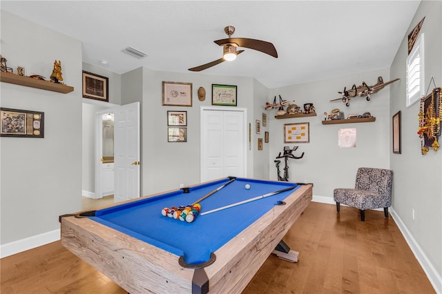game room featuring pool table, ceiling fan, visible vents, and light wood-style flooring