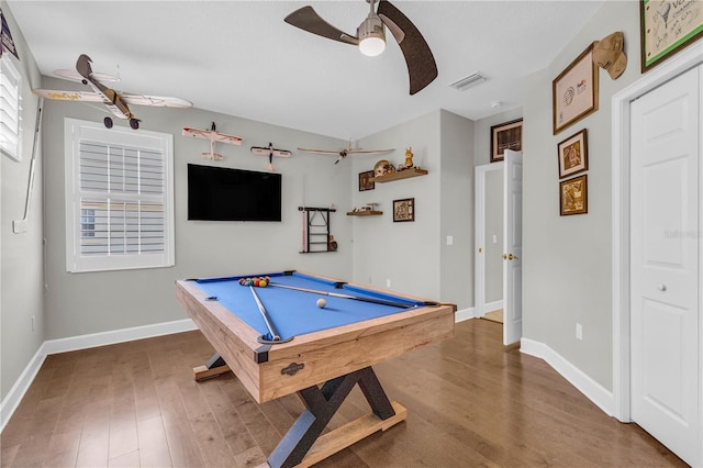 game room featuring billiards, a ceiling fan, wood finished floors, and visible vents