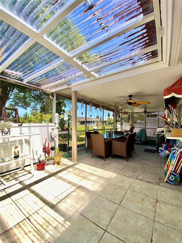 view of patio / terrace with ceiling fan, fence, and outdoor dining area