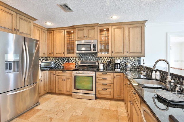 10108 Kingfisher Rd E, Bradenton, FL 34209 - kitchen featuring appliances with stainless steel finishes, a sink, tasteful backsplash, dark stone counters, and glass insert cabinets