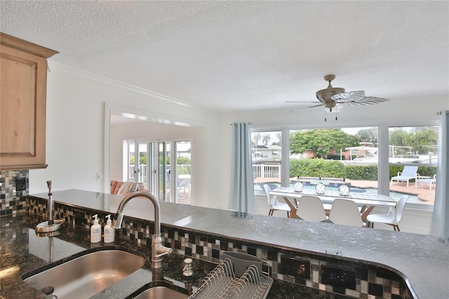 10108 Kingfisher Rd E, Bradenton, FL 34209 - kitchen featuring a sink, a ceiling fan, a textured ceiling, and dark stone counters
