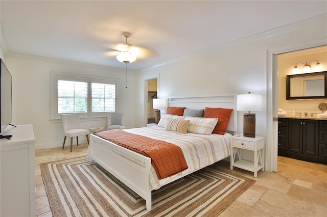 10108 Kingfisher Rd E, Bradenton, FL 34209 - bedroom with crown molding, ensuite bathroom, light stone finish flooring, and a sink