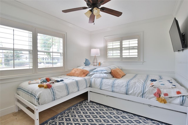 10108 Kingfisher Rd E, Bradenton, FL 34209 - bedroom with multiple windows, crown molding, baseboards, and ceiling fan