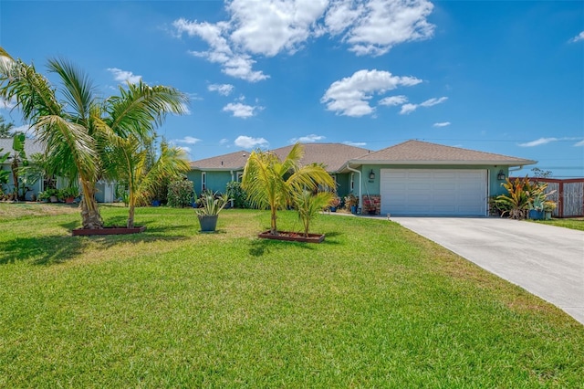 ranch-style house with a garage, stucco siding, concrete driveway, and a front lawn