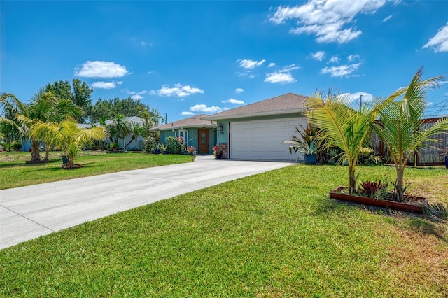 single story home featuring concrete driveway, an attached garage, and a front lawn