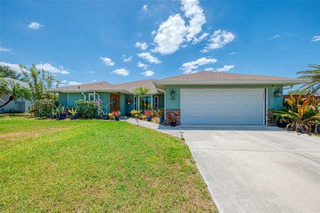 ranch-style house featuring a garage, stucco siding, driveway, and a front lawn
