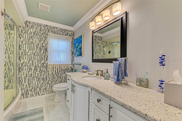full bath with toilet, a shower with door, visible vents, and ornamental molding