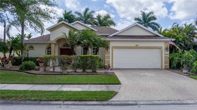 view of front facade featuring a garage, driveway, a shingled roof, and stucco siding