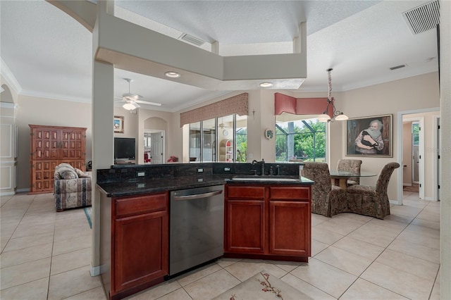 kitchen with open floor plan, visible vents, a sink, and dishwasher